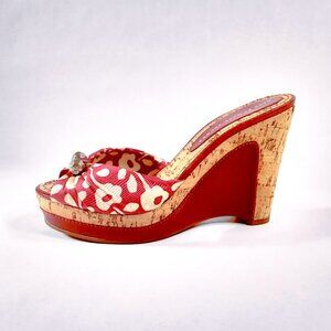 Marc Jacobs Red & White Floral Patent Leather & Cork Wedge Platform Sandals